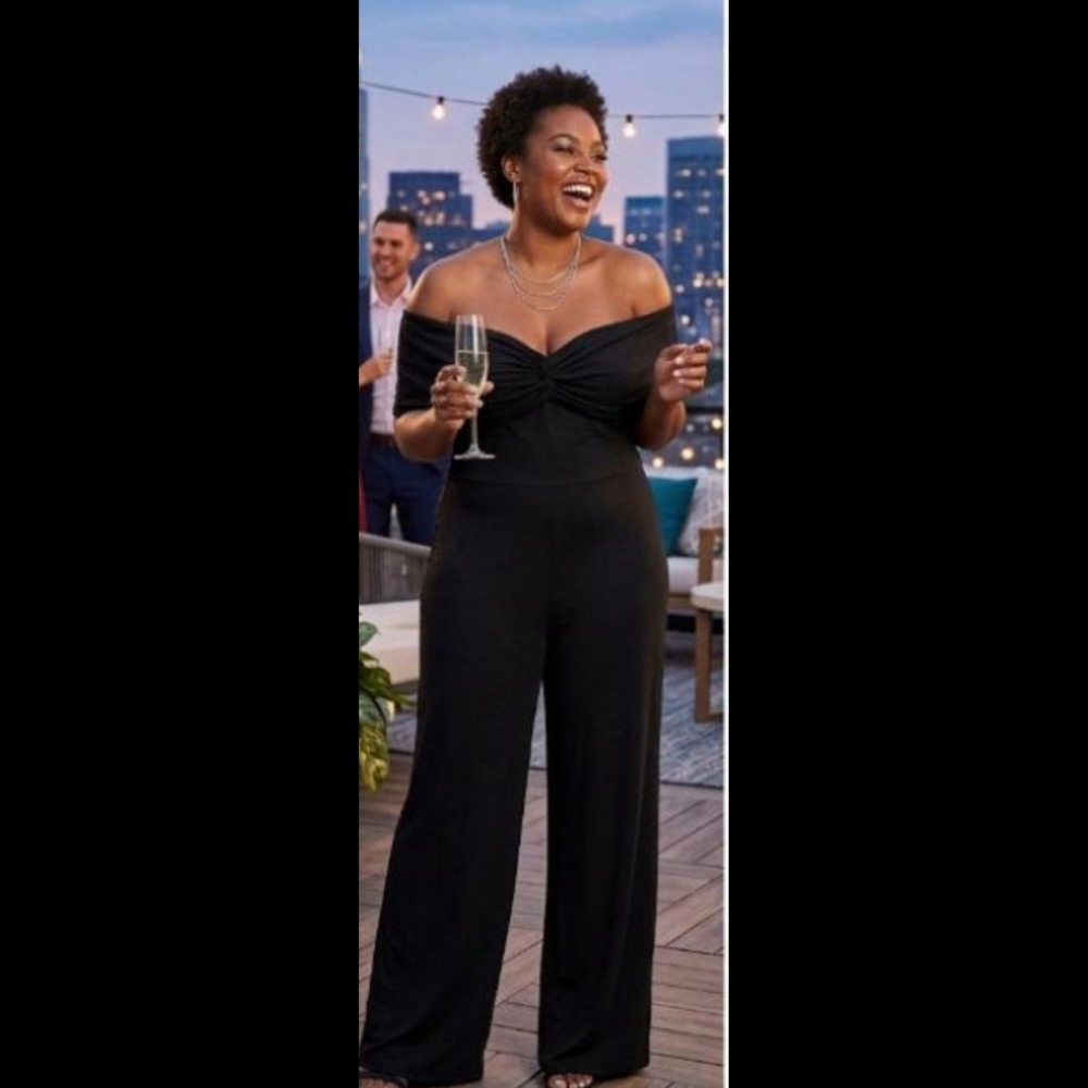 🆕 LISTING!! BNWT ASOS CURVE RUCHED BARDOT JUMPSUIT W/FRNT CUT OUT BLACK W/CUT